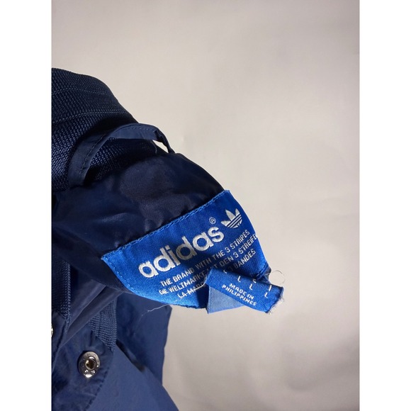 Adidas Originals Vintage Navy Blue Snap Bomber Jacket Mens Large Trefoil Striped - Picture 6 of 8